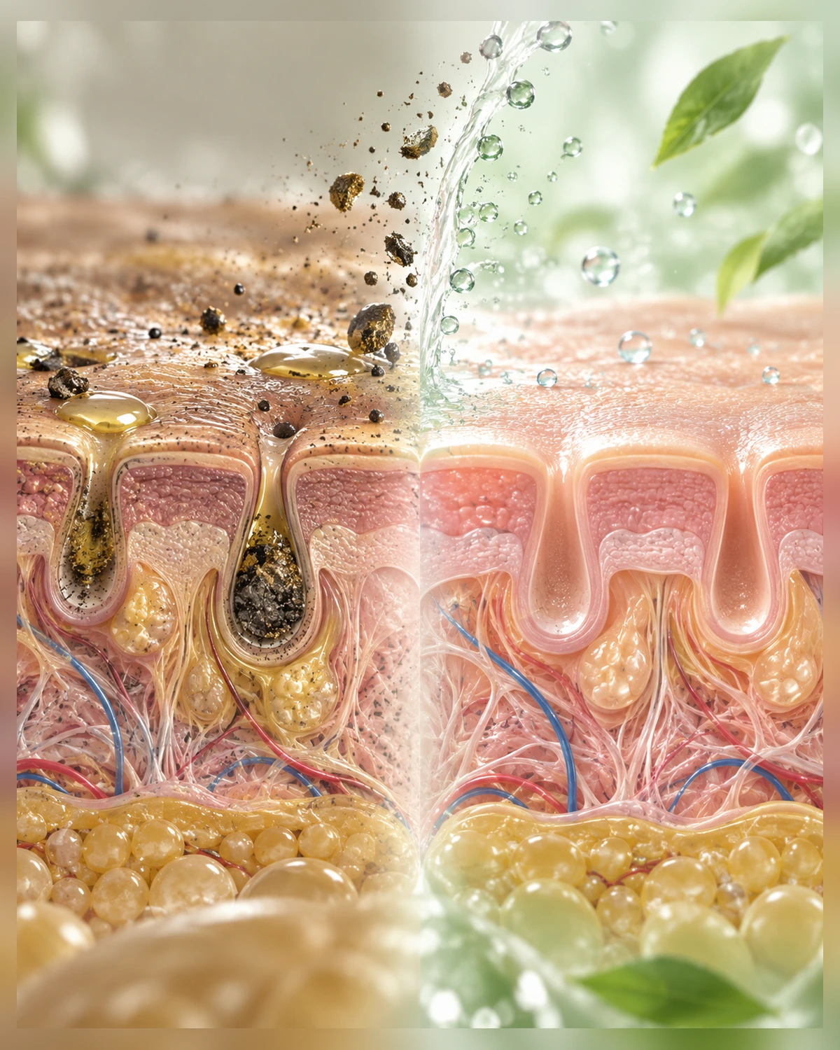 Skin cross-section before and after cleansing