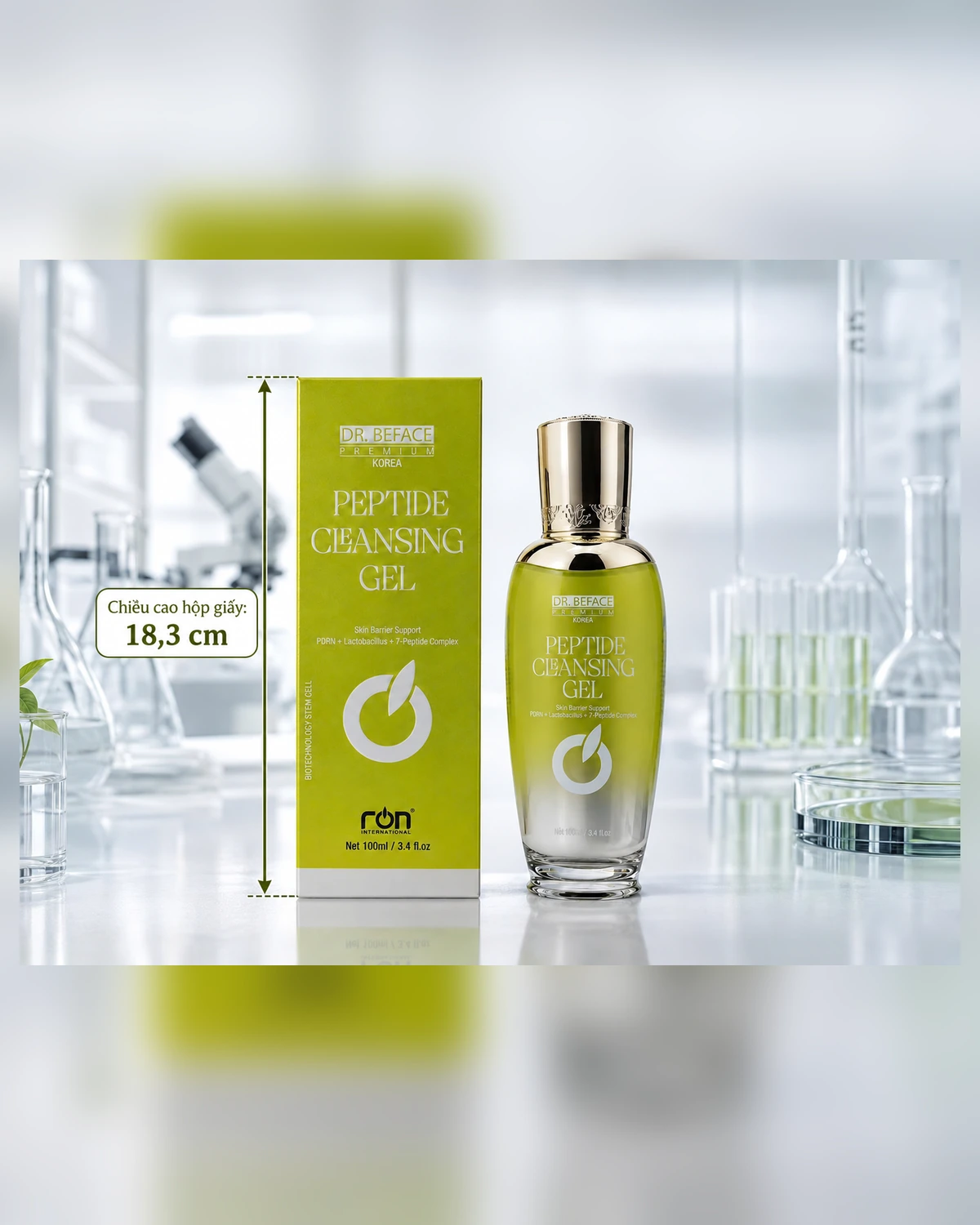 Product and box with 18.3 cm box-height annotation