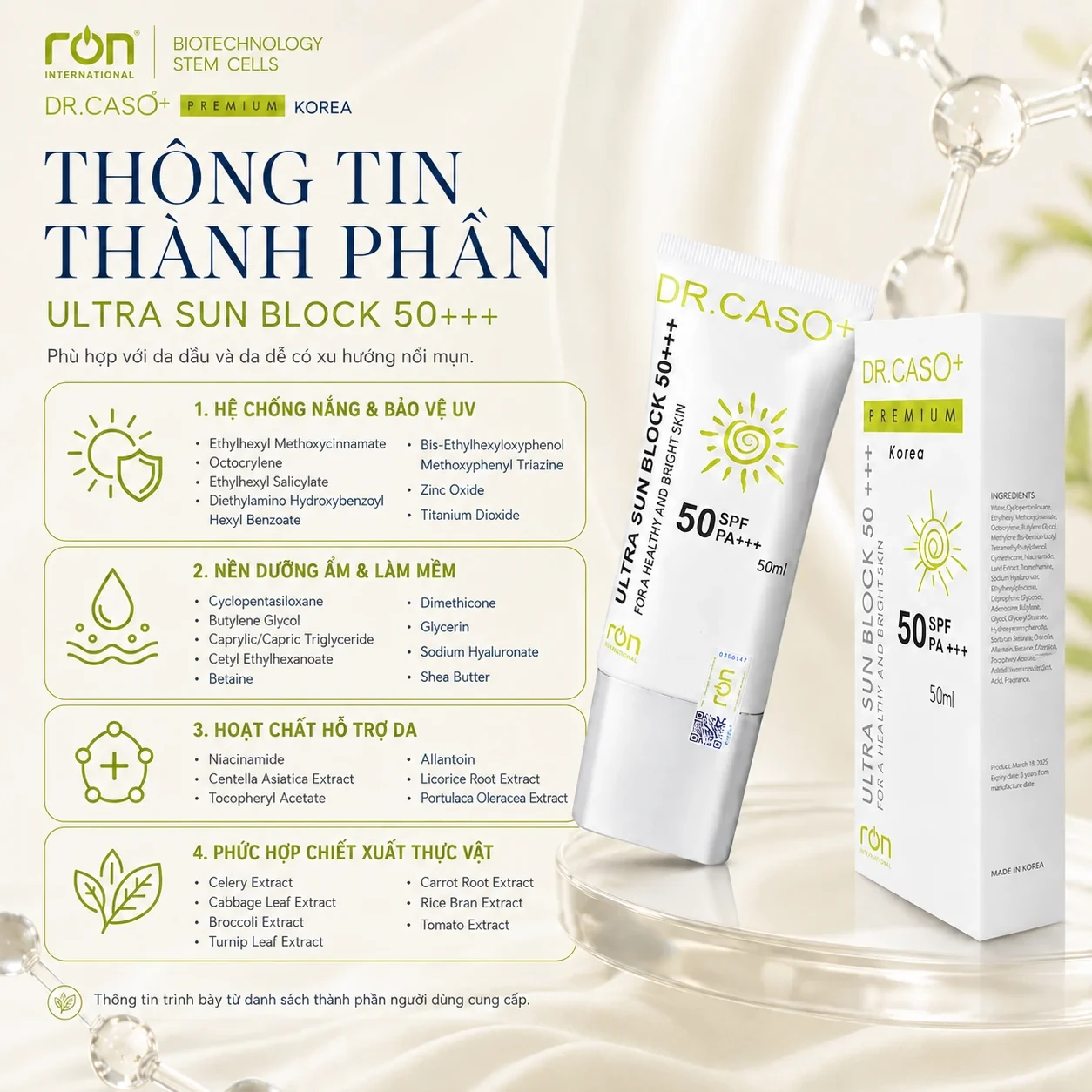 Thông tin thành phần · DR.CASO+ PREMIUM ULTRA SUN BLOCK 50+++