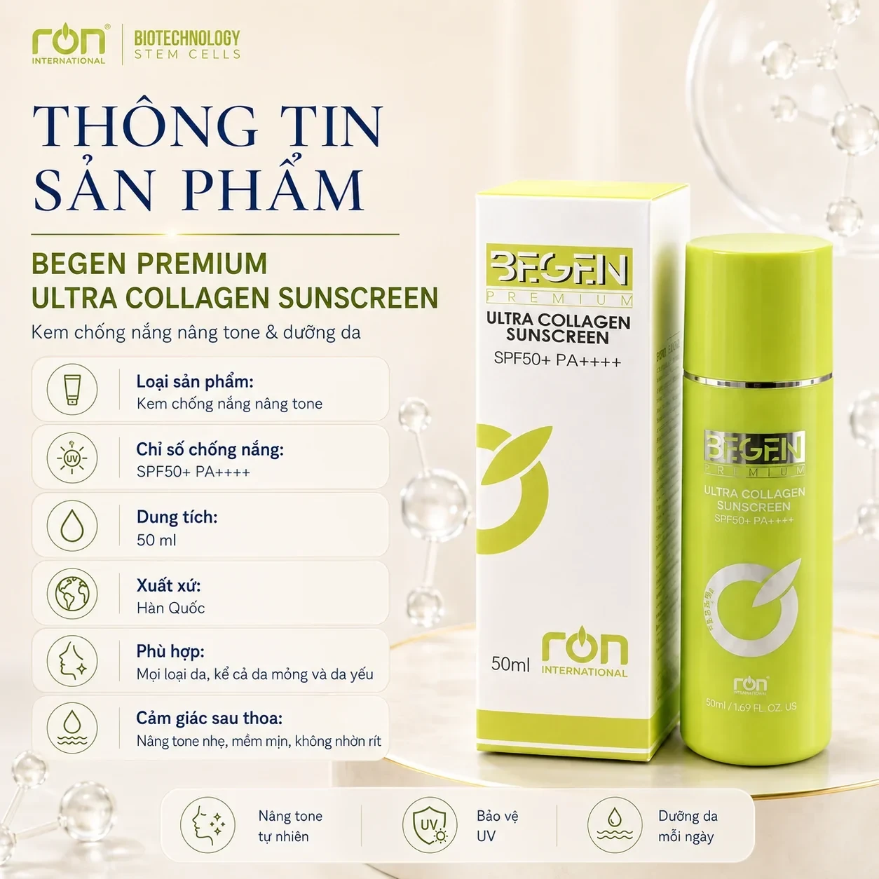 Thông tin sản phẩm BEGEN PREMIUM ULTRA COLLAGEN SUNSCREEN 50 ml