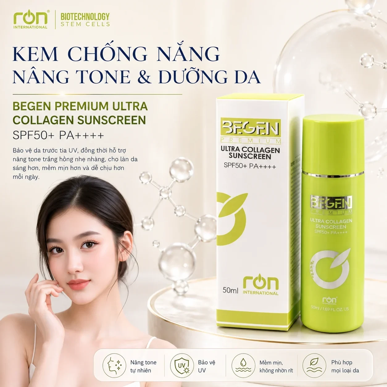 Kem chống nắng nâng tone và dưỡng da BEGEN PREMIUM ULTRA COLLAGEN SUNSCREEN