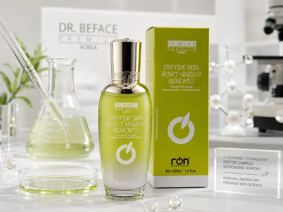 Chai và hộp Peptide Skin Reset Makeup Remover DR.BEFACE trên bàn lab cạnh ống nhỏ giọt.