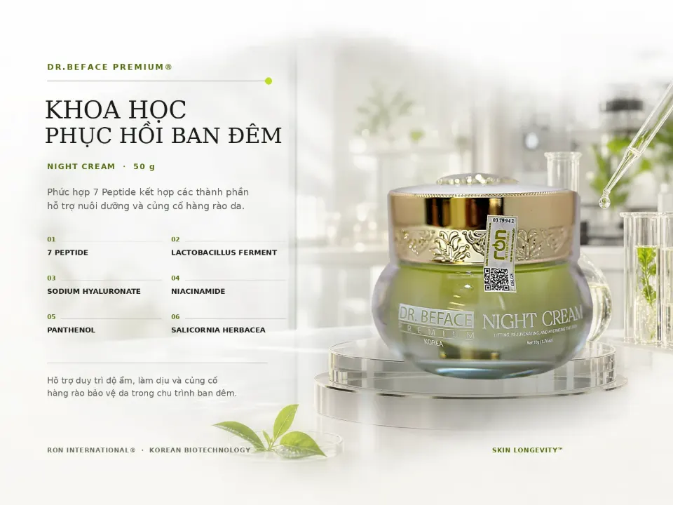 Kem dưỡng DR.BEFACE Premium Night Cream trong banner khoa học phục hồi ban đêm