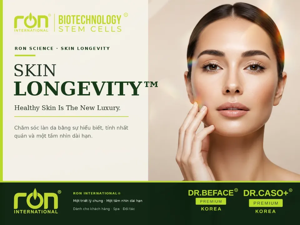 Poster RON Skin Longevity với người mẫu và logo DR.BEFACE, DR.CASO.